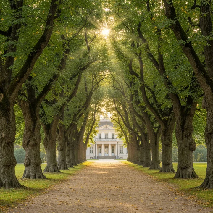 Stara aleja lipowa w Pruszkowie wzdłuż Parku Potulickich, ze słonecznym światłem przebijającym się przez korony drzew i widokiem na klasycystyczny pałac w tle. 