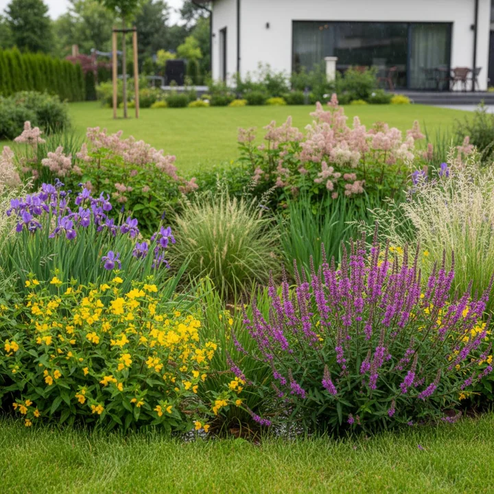  ogród deszczowy w przydomowym ogrodzie, zaprojektowany w delikatnym zagłębieniu terenu. W najniższym punkcie niecki (strefa mokra) widoczne są rośliny hydrofitowe, takie jak fioletowa krwawnica pospolita i żółta tojeść kropkowana, które doskonale znoszą okresowe zalewanie wodą opadową. 