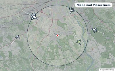 Mapa okolic miasta z sylwetkami samolotów — Niebo nad Piasecznem na żywo
