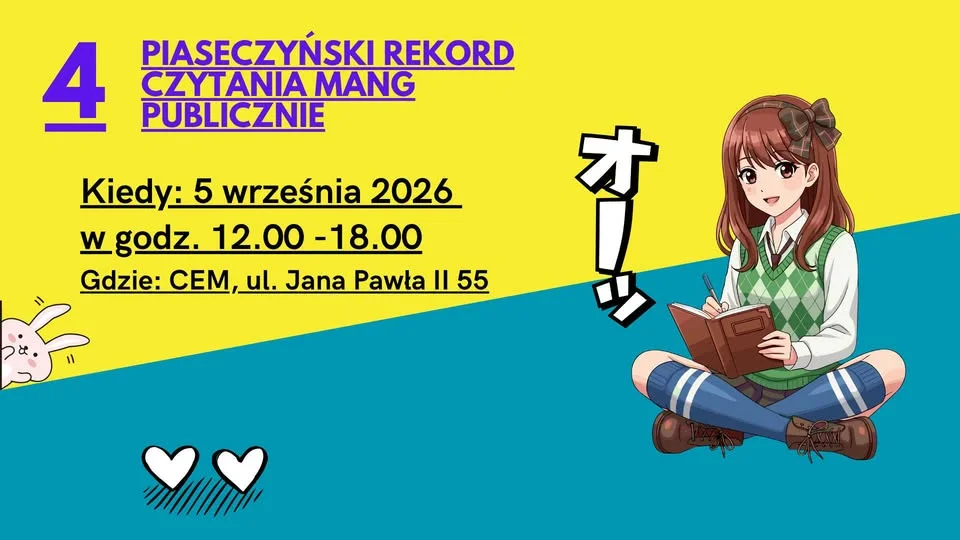 Grafika promocyjna wydarzenia 4. Piaseczyński Rekord Czytania Mang Publicznie – Piaseczno 2026