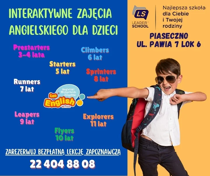 Grafika promocyjna wydarzenia Bezpłatne lekcje zapoznawcze angielskiego — Leader School Piaseczno