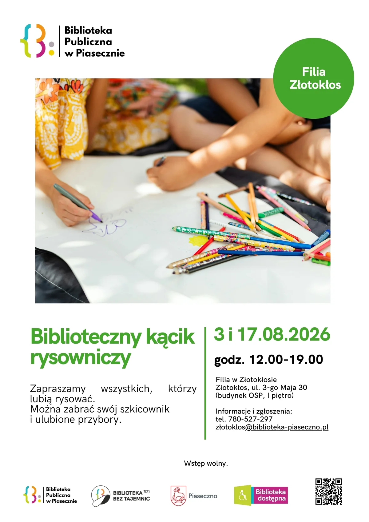 Grafika promocyjna wydarzenia Rysowanie bez granic w bibliotece w Złotokłosie