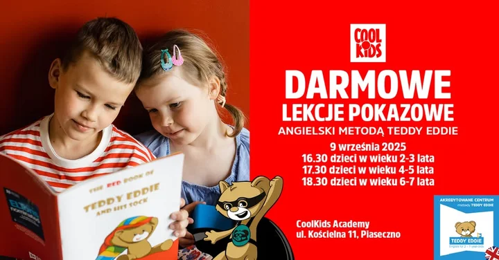 Obrazek przedstawia grafikę promocyjną wydarzenia Darmowe lekcje pokazowe angielskiego metodą Teddy Eddie dla dzieci 2–7 lat