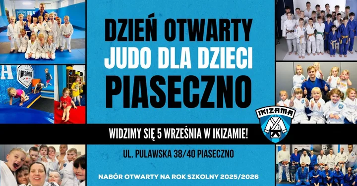 Obrazek przedstawia grafikę promocyjną wydarzenia Dzień Otwarty Judo dla dzieci w Piasecznie