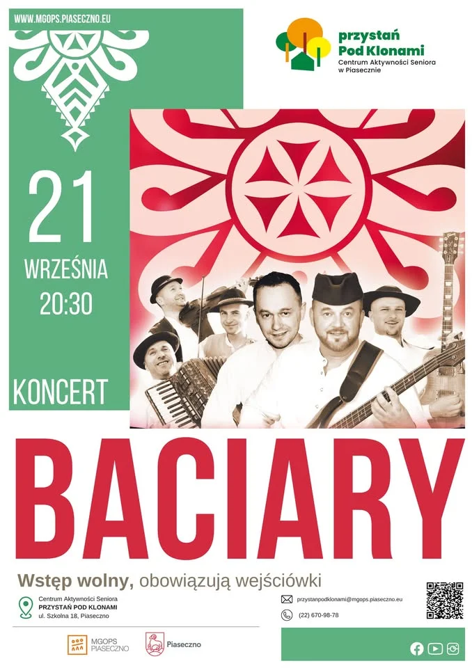 Obrazek przedstawia grafikę promocyjną wydarzenia Koncert zespołu Baciary w Piasecznie — informacje praktyczne