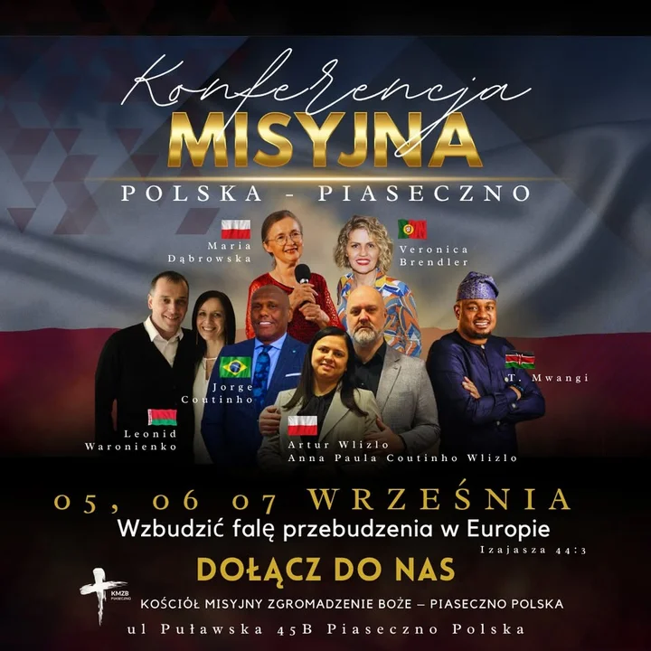 Obrazek przedstawia grafikę promocyjną wydarzenia Misjonarska konferencja w Piasecznie: trzydniowe spotkania duchowe