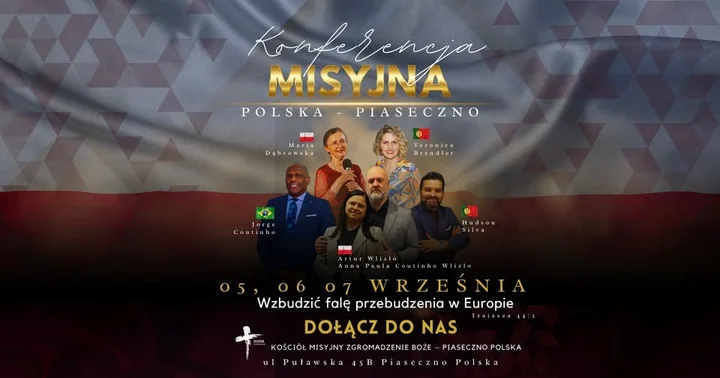 Obrazek przedstawia grafikę promocyjną wydarzenia Konferencja misyjna w Piasecznie — trzydniowe spotkania z nauczaniem i nabożeństwami