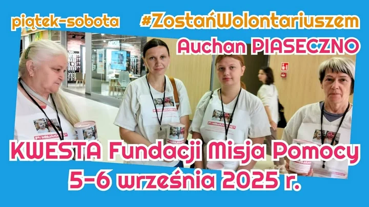 Obrazek przedstawia grafikę promocyjną wydarzenia Kwesta charytatywna w Auchan Piaseczno — zbiórka na pomoc seniorom i rodzinom