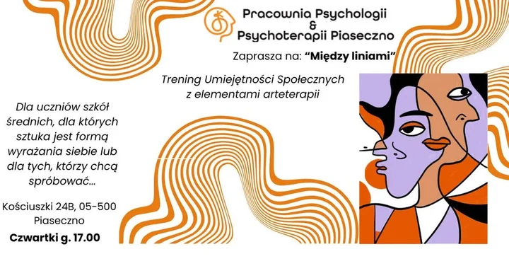 Grafika promocyjna wydarzenia Między liniami — Trening Umiejętności Społecznych z elementami arteterapii