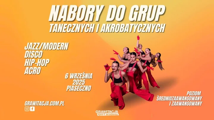 Obrazek przedstawia grafikę promocyjną wydarzenia Nabór do grup średniozaawansowanych i zaawansowanych w Grawitacja Sport Academy