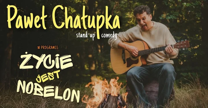 Obrazek przedstawia grafikę promocyjną wydarzenia Stand-up Pawła Chałupki w Piasecznie — „Życie jest nobelon”
