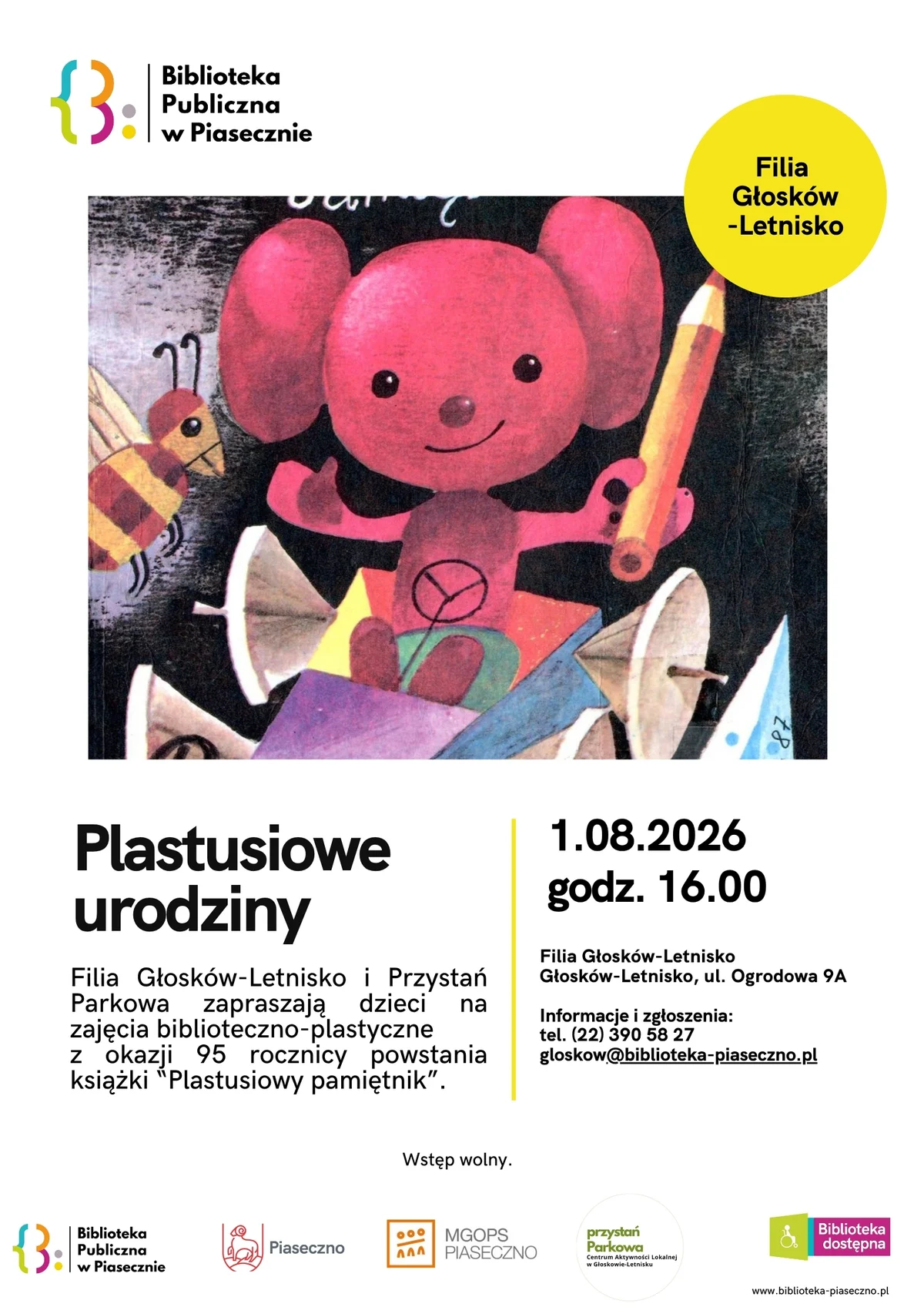 Grafika promocyjna wydarzenia Plastusiowe urodziny – zajęcia dla dzieci
