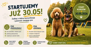 Grafika promocyjna wydarzenia DAODOG rusza 30 maja: szkolenia dla psów w Piasecznie, na Woli i Gocławiu
