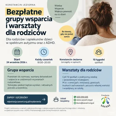 Grafika promocyjna wydarzenia Bezpłatne grupy wsparcia i warsztaty dla rodziców dzieci w spektrum i z ADHD