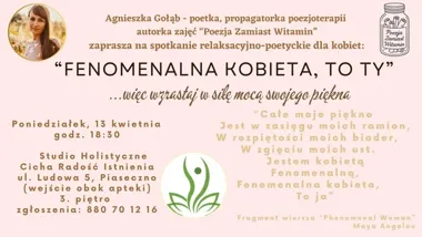 Grafika promocyjna wydarzenia „Fenomenalna Kobieta, to Ty” w Piasecznie – kobiece spotkanie z poezją i medytacją
