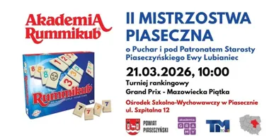 Grafika promocyjna wydarzenia II Mistrzostwa Piaseczna w Rummikub – turniej rankingowy o Puchar Starosty