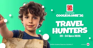 Grafika promocyjna wydarzenia Językowe COOLKOLONIE Travel Hunters w Piasecznie – wakacyjna podróż dla dzieci 6–12 lat
