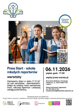 Grafika promocyjna wydarzenia Press Start – szkoła młodych reporterów – warsztaty