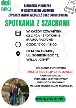 Grafika promocyjna wydarzenia Wakacyjne rozgrywki szachowe w willi Gryf