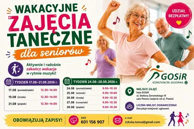 Grafika promocyjna wydarzenia Wakacyjne zajęcia taneczne dla seniorów