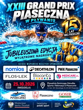Grafika promocyjna wydarzenia XXIII Grand Prix Piaseczna w pływaniu