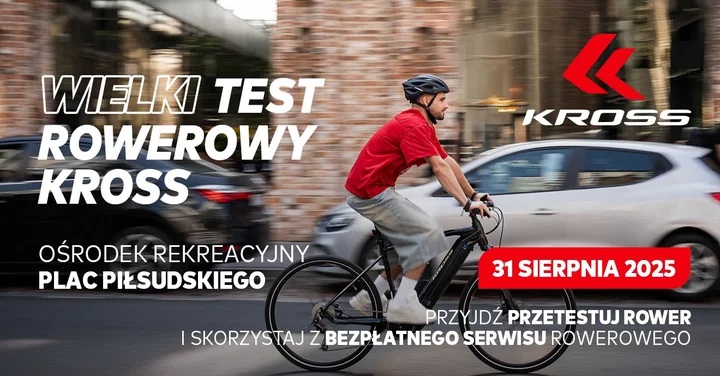 Obrazek przedstawia grafikę promocyjną wydarzenia Testy i prezentacje rowerów KROSS w Piasecznie