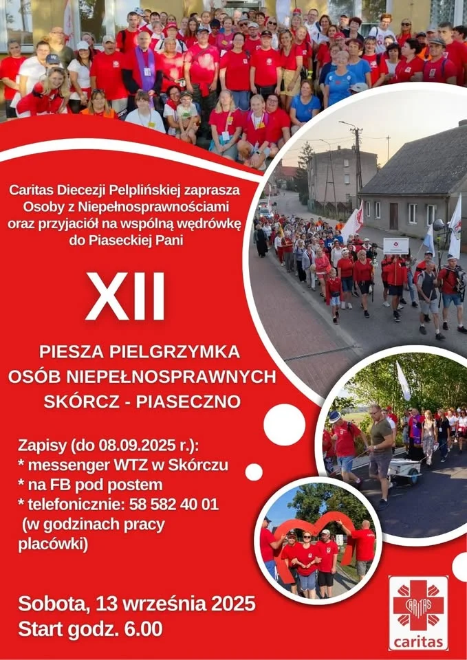 Obrazek przedstawia grafikę promocyjną wydarzenia Piesza pielgrzymka osób niepełnosprawnych ze Skórcza do Piaseczna