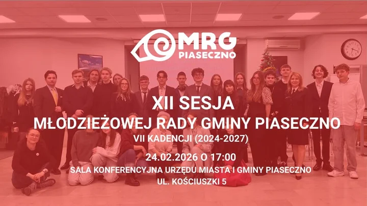 Grafika promocyjna wydarzenia XII Sesja Młodzieżowej Rady Gminy Piaseczno — obrady młodych radnych