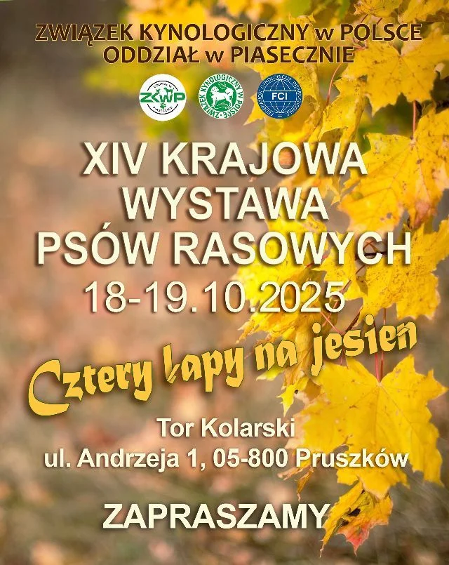 Obrazek przedstawia grafikę promocyjną wydarzenia Ogólnopolska wystawa psów rasowych w Piasecznie