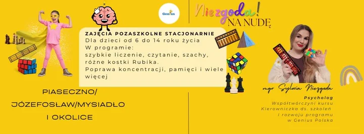 Obrazek przedstawia grafikę promocyjną wydarzenia Bezpłatne zajęcia pokazowe kursu Genius w Piasecznie