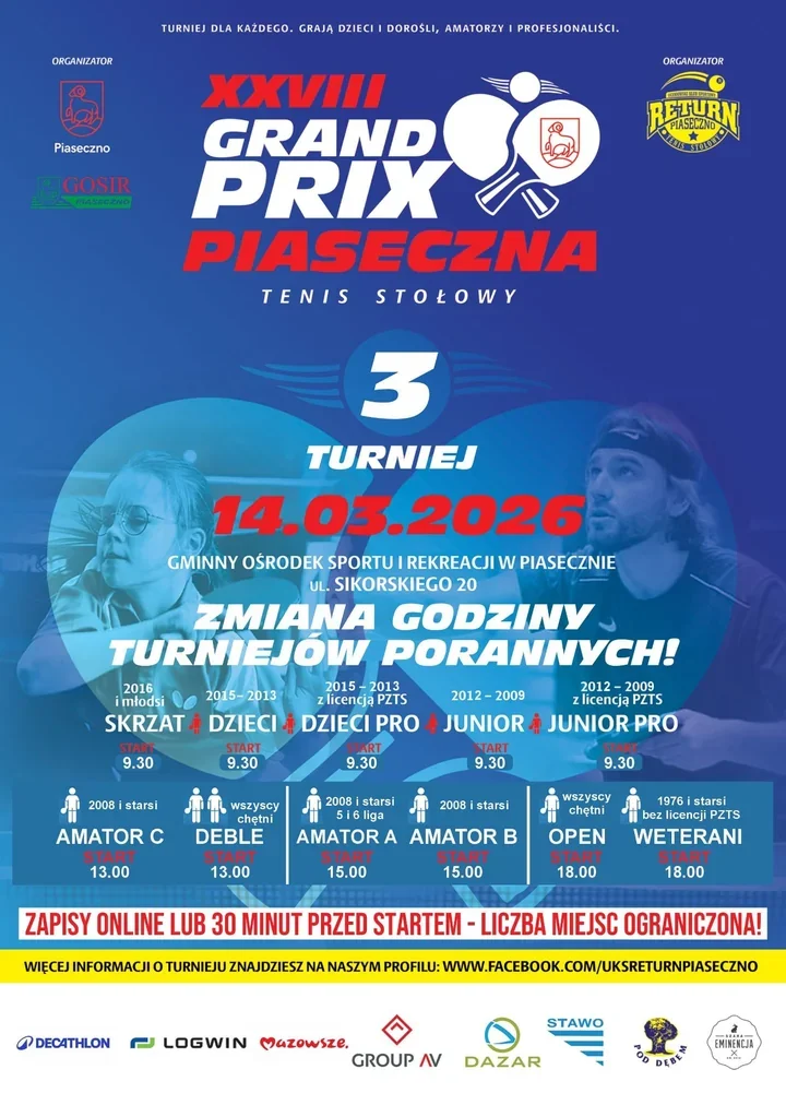 Grand Prix Piaseczna w tenisie stołowym – sobotnie zmagania na 24 stołach w hali GOSiR