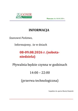Basen w Piasecznie zmienia godziny otwarcia podczas weekendu