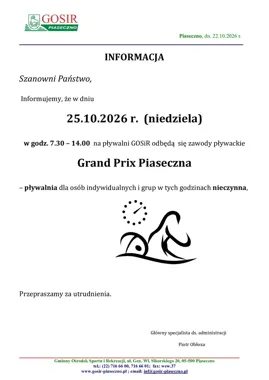 Grand Prix Piaseczna wyłącza basen na niedzielny poranek